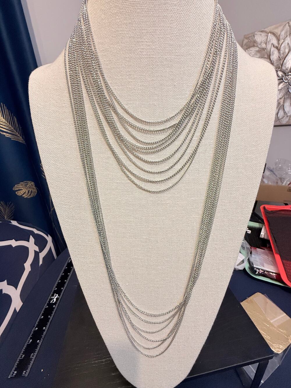 Silver Tone Multi Strand Draped Chain Statement Necklace 18”